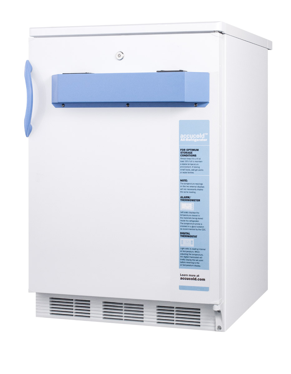 Built-in undercounter auto defrost medical/scientific all-refrigerator with front control panel equipped with a digital thermostat and NIST calibrated thermometer/alarm; includes front lock, hospital grade cord, and internal fan
